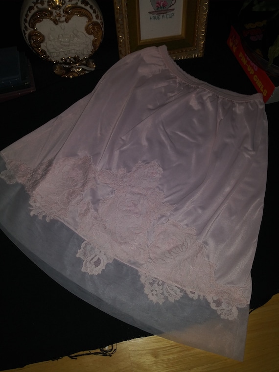 Vtg Silky Pink Wide Lace Slip Half Slip Cotton Ca… - image 1