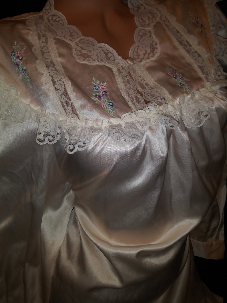 Vtg Satin Cotton Long Nightgown Vtg 80s Satin Nightgown Shiny Anastasia Gown Brushed Cotton Lace embroidery Long Nightgown Lingerie L 50
