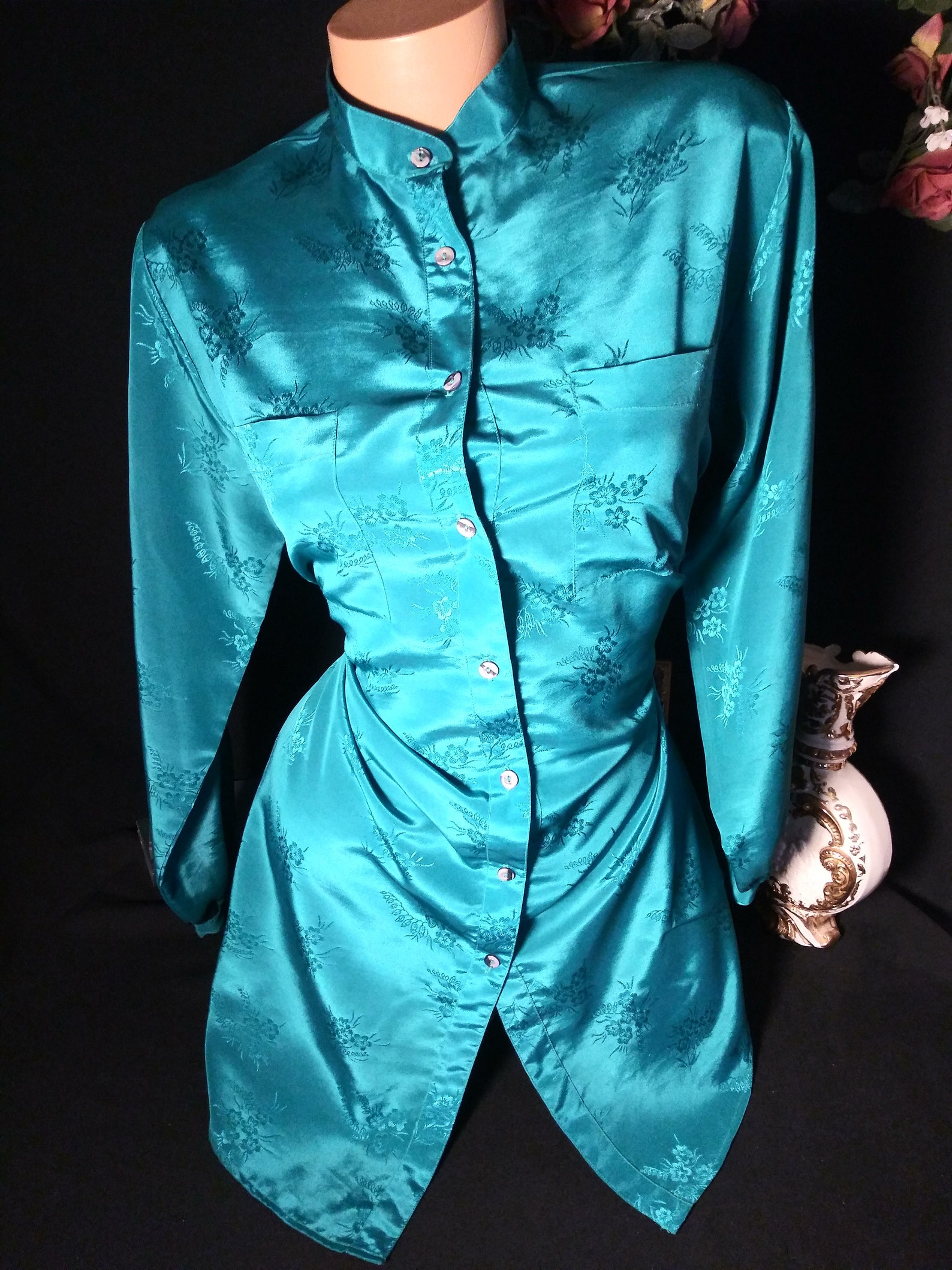 Satin Long Blouse Shiny Green Button Up Long Sleeve Blouse - Etsy España