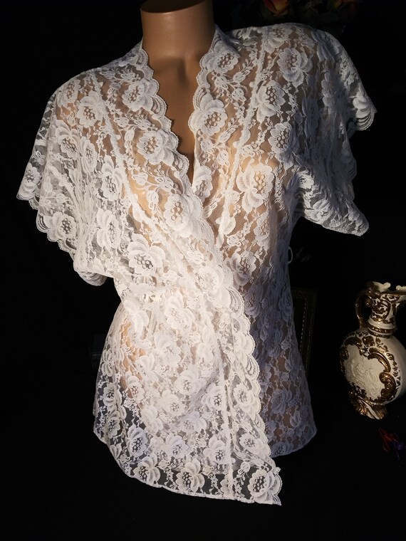 Vtg Satin Polyester White wide lace nighty sheer … - image 2