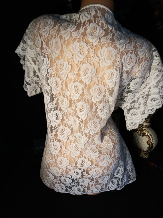 Vtg Satin Polyester White wide lace nighty sheer … - image 4