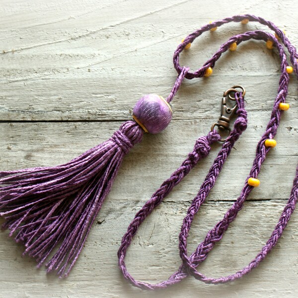 Tassel Necklace, Polymer Clay Beaded Necklace, Boho Necklace, Purple and Yellow Necklace.