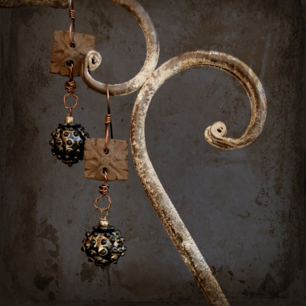 Lampwork Glass Rustic Earrings, Bold, Black and Brown Earrings, Copper Wire Earrings, Ceramic Bead Earrings.