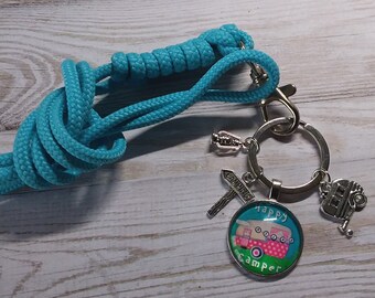 HAPPY CAMPER 2/key chain/keyring/lanyard/flower power/gift for/camping/caravan/70s/trend/keyring/festival/retro/turquoise