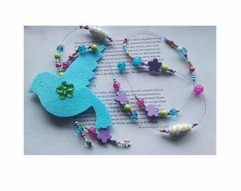 BLUE BIRDIE/statement/lange kette/bettelkette/bib/bettelkette/xxl/vogel/ornithologin/blau/friedenstaube/peace/geschenk für sie/lagenlook