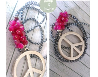 ACHAT PEACE/kette/lange kette/bettelkette/statement/bib/schmuck/geschenk für/flower power/hippie/boho/70er/retro/xl/edelstein/klobige kette