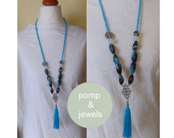 SEAFRONT/long necklace/beaded necklace/bib/tassel/maritime jewelry/shell/gift for her/blue/rainbow/mother of pearl/xl