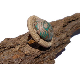 Único polímero hermosa arcilla anillo-regalo para mujeres-verde marfil patrón-uno de una clase