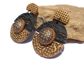 Arcilla polimérica hecho a mano hermoso stud pendientes-regalo para mujeres-Ethnique-negro y bronce