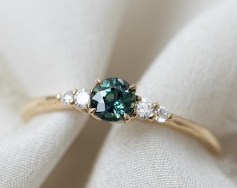 Eloise - 14K Yellow Gold Teal Sapphire 5 Stone Diamond Engagement Ring