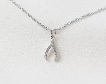 Mini Wishbone Halskette - 14K Weißgold Charm Halskette - Handgefertigter Schmuck