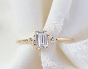 Soleil  - 14K Yellow Gold Emerald Cut Rectangle Cluster Diamond Ring - Handmade Jewellery
