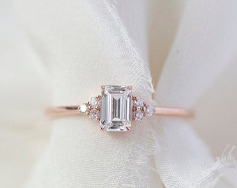 Soleil  - 14K Rose Gold Emerald Cut Rectangle Cluster Diamond Ring - Handmade Jewellery