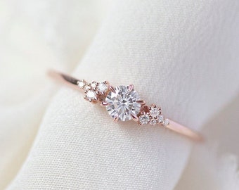 Asteria - 14K Rose Gold Round Diamond Solitaire Cluster Diamond Engagement Ring