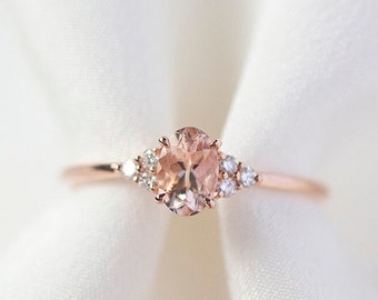 Soleil  - 14K Rose Gold Oval Cluster Morganite Diamond Ring - Handmade Jewellery