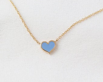 Mini Enamel Heart Necklace - Solid 14K Yellow Gold Pastel Blue Enamel Heart Necklace - Handmade Jewellery
