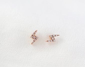 Mini Lightning Bolt Earrings  - 14K Rose Gold Lighting Bolt Diamond Ear Stud - Handmade Jewellery