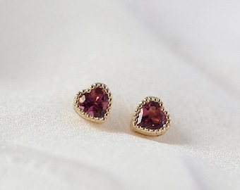 Confetti Heart Earstuds  - Solid 14K Yellow Gold Natural Pink Tourmaline Heart Ear Stud - Handmade Jewellery