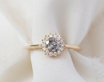 Solana - 14K Yellow Gold Round Natural Salt and Pepper Diamond Halo Diamond Engagement Ring