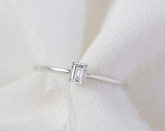 Cordelia  - 14K White Gold Emerald Cut Mini Diamond Ring - Handmade Jewellery