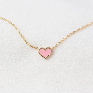 READY-TO-SHIP - Mini Enamel Heart Necklace - Solid 14K Yellow Gold Blush Pink Enamel Heart Necklace - Handmade Jewellery