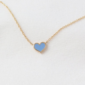 Mini Enamel Heart Necklace - Solid 14K Yellow Gold Pastel Blue Enamel Heart Necklace - Handmade Jewellery
