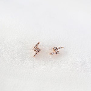 READY-TO-SHIP - Mini Lightning Bolt Earrings  - 14K Rose Gold Lighting Bolt Diamond Ear Stud - Handmade Jewellery