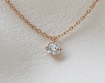 Selene Necklace (Classic) - 14K Rose Gold Single White Diamond Necklace - Handmade Jewellery