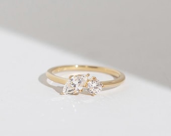 Duet Ring - 14K Yellow Gold Toi Et Moi Double Diamond Marquise Diamond You and Me Engagement Ring