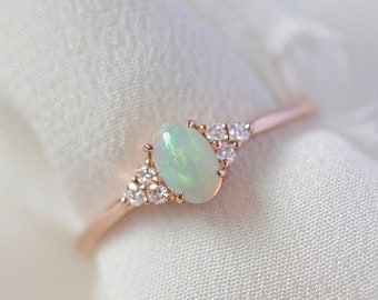 Soleil  - 14K Rose Gold Oval Cluster Natural Ethiopian Opal Diamond Ring - Handmade Jewellery