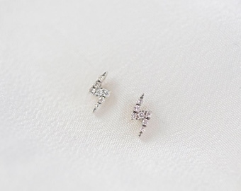 Mini Lightning Bolt Earrings  - 14K White Gold Lighting Bolt Diamond Ear Stud - Handmade Jewellery