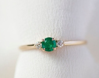 Freya - 14K Yellow Gold Natural Emerald and White Diamond 3 stone Ring