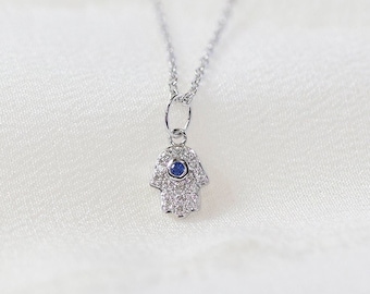 READY-TO-SHIP - Mini Hamsa Hand Necklace  - 14K White Gold Diamond Blue Sapphire Necklace - Handmade Jewellery