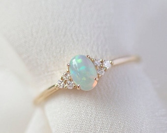 Soleil  - 14K Yellow Gold Oval Cluster Natural Ethiopian Opal Diamond Ring - Handmade Jewellery