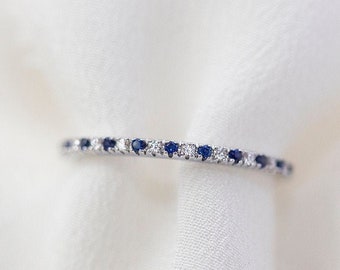 Stardust  - 14K White Gold Half Eternity Diamond Blue Sapphire Ring - Handmade Jewellery