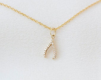 Mini Wishbone Halskette - 14K Gelbgold Charm Halskette - Handgefertigter Schmuck