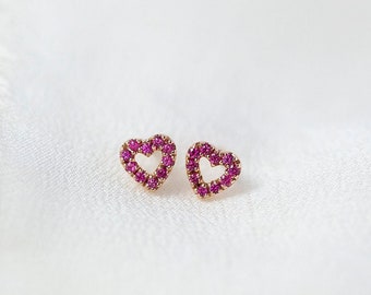 Mini Heart Earstuds  - Solid 14K Rose Gold Pink Sapphire Heart Ear Stud - Handmade Jewellery