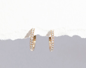 Stardust Huggies - Solid 14K Yellow Gold White Diamond Hoop Huggies Earring - Handmade Jewellery