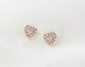 Mini Heart Earstuds  - Solid 14K Yellow Gold Diamond Heart Ear Stud - Handmade Jewellery