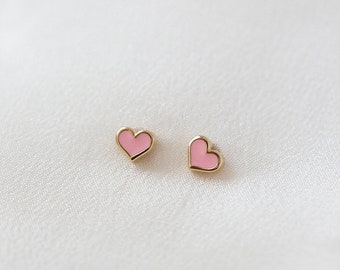 Mini Enamel Heart Earstuds  - Solid 14K Yellow Gold Blush Pink Enamel Heart Ear Stud - Handmade Jewellery
