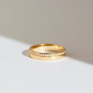 Line Band Pavé Diamond (4mm) - Solid 14K Yellow Gold Half Eternity Wedding Ring Band - Handmade Jewellery