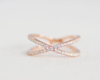 X Pave Diamond Ring - 14K Rose Gold Diamond Ring - Handmade Jewellery