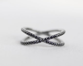 X Pave Diamond Ring - 14K Black Gold Black Diamond Ring - Handmade Jewellery