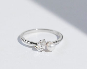 Duet Ring - 14K White Gold Toi Et Moi Double Gemstone Diamond Pearl You and Me Engagement Ring