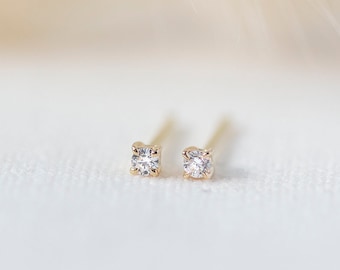 Baby Diamond Earrings  - 14K Yellow Gold White Diamond Ear Stud - Handmade Jewellery