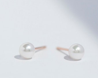 Classic Akoya Pearl Earrings  - 14K Rose Gold Natural Japanese Akoya Ear Stud - Handmade Jewellery