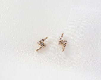 Mini Lightning Bolt Earrings  - 14K Yellow Gold Lighting Bolt Diamond Ear Stud - Handmade Jewellery