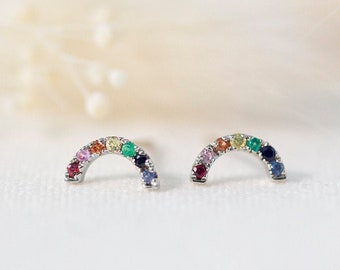 READY-TO-SHIP -  Mini Rainbow Earrings  - 14K White Gold Rainbow Sapphire Ear Stud - Handmade Jewellery