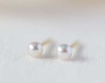 Petite Akoya Pearl Earrings  - 14K Yellow Gold Natural Japanese Akoya Ear Stud - Handmade Jewellery