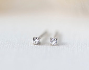 Baby Diamond Earrings  - 14K White Gold White Diamond Ear Stud - Handmade Jewellery